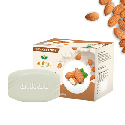 AMBANI HEALTH CARE Almond Soap I Ayurvedic I Herbal Soap with Essential Oil I Handmade Bathing Bar I Natural Cleanser I Glowing, Smoother, & Moisturized Skin I for All Skin Types (Set of 4 + 1)
