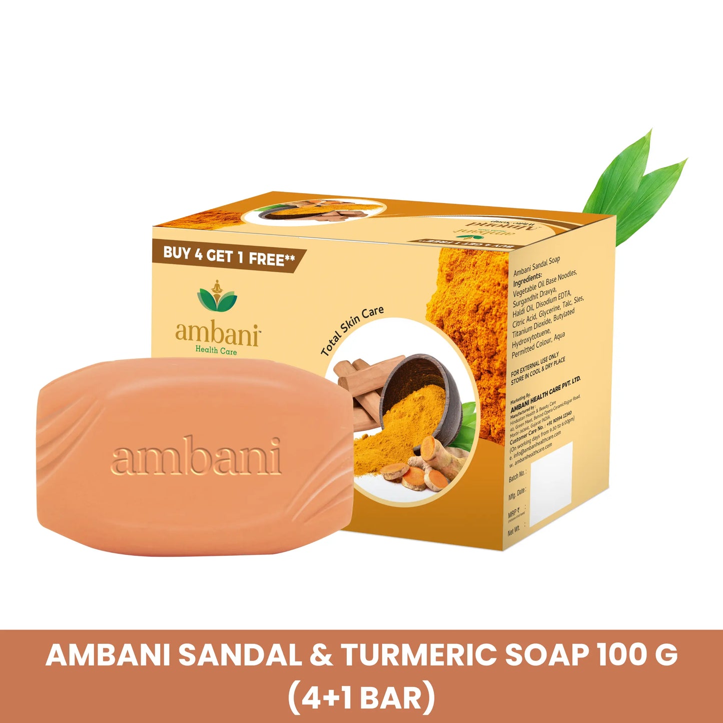 AMBANI HEALTH CARE Sandal & Turmeric Soap I with Essential Oil I Long-Lasting Fragrance I Handmade Bathing bar I Natural Cleanser I for Total Skin Care I Suitable for all Skin Types - Set of 4 + 1