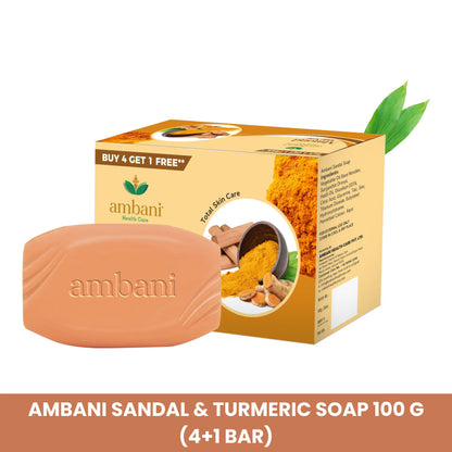 AMBANI HEALTH CARE Sandal & Turmeric Soap I with Essential Oil I Long-Lasting Fragrance I Handmade Bathing bar I Natural Cleanser I for Total Skin Care I Suitable for all Skin Types - Set of 4 + 1