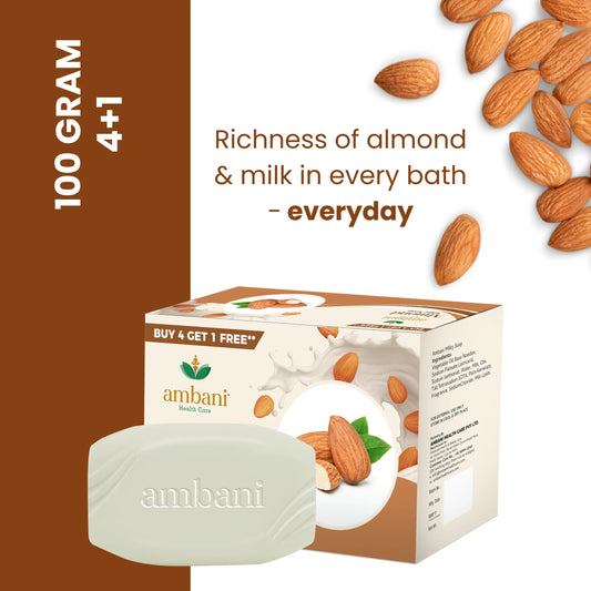 AMBANI HEALTH CARE Almond Soap I Ayurvedic I Herbal Soap with Essential Oil I Handmade Bathing Bar I Natural Cleanser I Glowing, Smoother, & Moisturized Skin I for All Skin Types (Set of 4 + 1)
