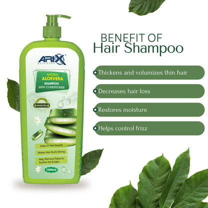 ARIX Natural Aloevera Shampoo Conditioner and Neem Soap I Herbal Bathing Bar with Essential Oils I Enhance Shine, Strengthen, Soothe Scalp and Reduce Hair Fall I for Women & Men (1 L + 5 Pcs)