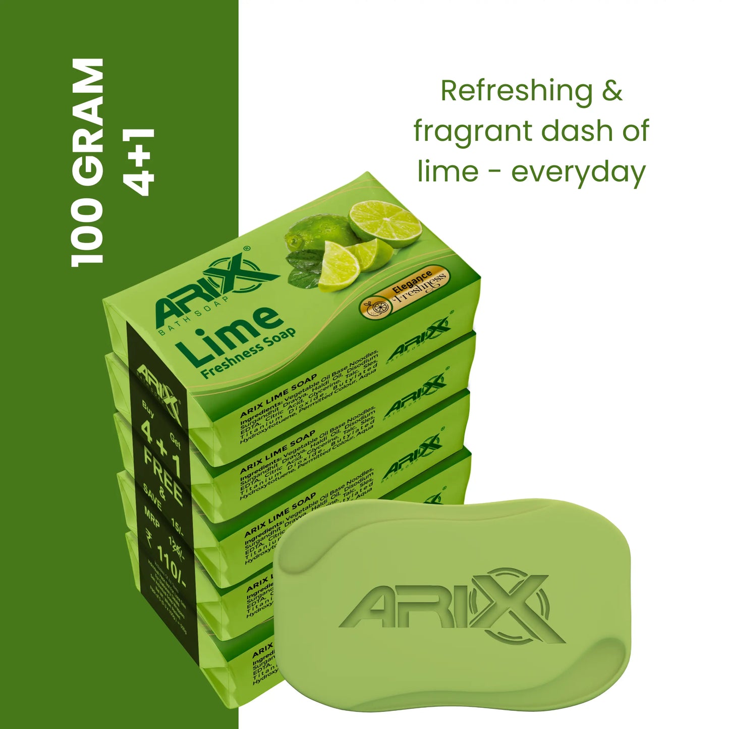 ARIX Lime Soap I Refreshing Bathing Soaps with Freshness of Lemon I Paraben & Sulphate Free I Reducing Tanning I Removes Germs for Fresh and Moisturized Healthy Skin for All Skin Types (Set of 4 + 1)