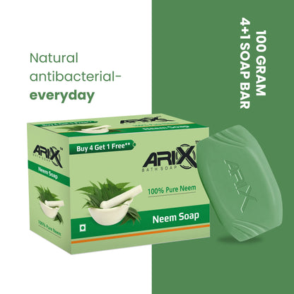 ARIX Neem Soap I Herbal Bathing Bar with Essential Oils I Goodness of Neem Leaves I Anti-Bacterial I for Smooth Soft Moisturised & Nourished Skin (Pack of 4 + 1)