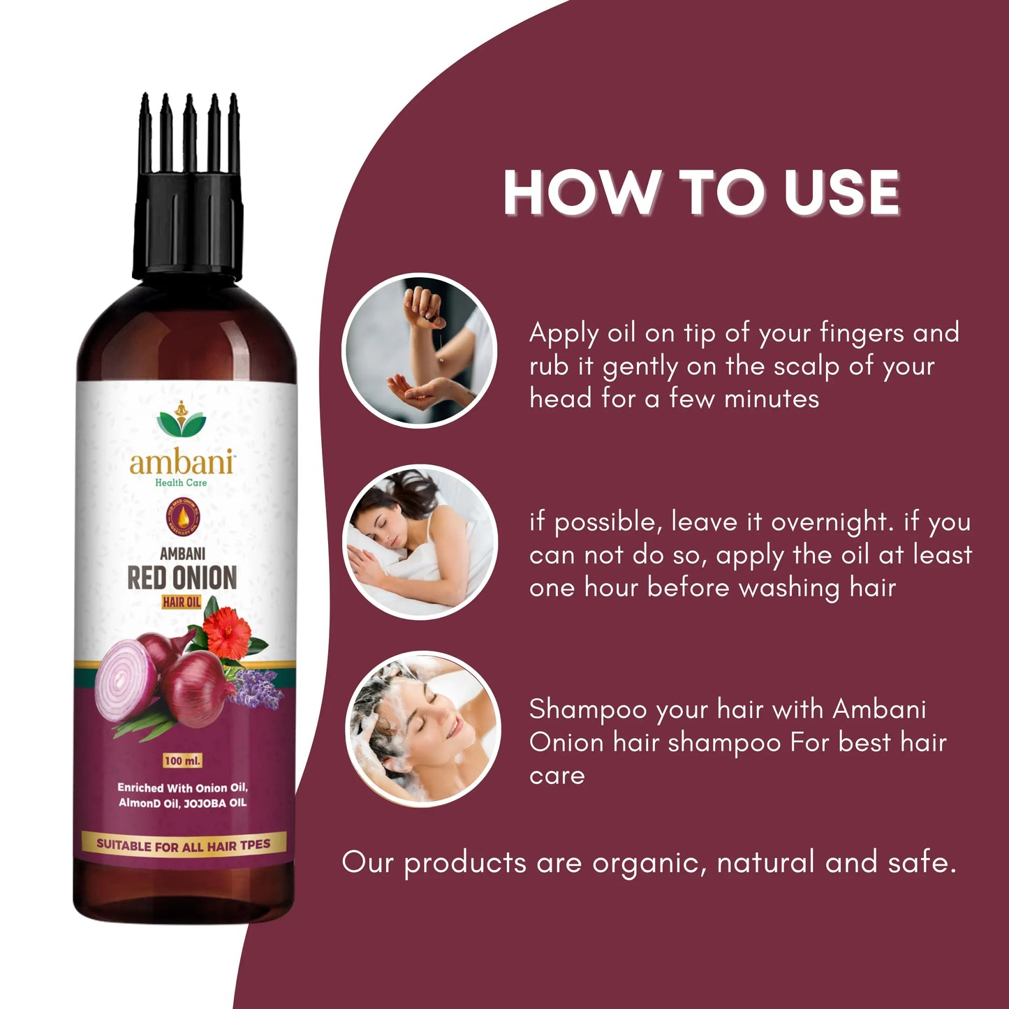 AMBANI HEALTH CARE Red Onion Hair Oil I with Comb Extension I Pure, Natural & Non-Sticky I Control Hair Fall & Dandruff I Stronger & Shiny Hair I Promotes Hair Growth for All Hair Types (100ML+100ML)