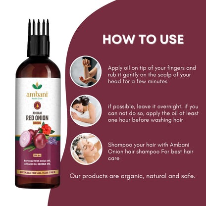 AMBANI HEALTH CARE Red Onion Hair Oil I with Comb Extension I Pure, Natural & Non-Sticky I Control Hair Fall & Dandruff I Stronger & Shiny Hair I Promotes Hair Growth for All Hair Types (100ML+100ML)