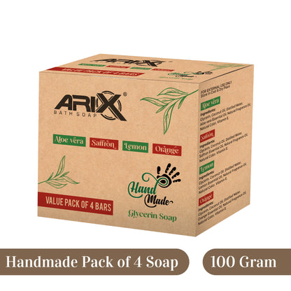ARIX Natural Handmade Glycerin Bath Soap Combo - Aloe Vera, Saffron, Lemon & Orange Bathing Bar I Herbal Soaps with Essential Oils I Glowing Skin & Body I for Women & Men with All Skin Type – Set of 4