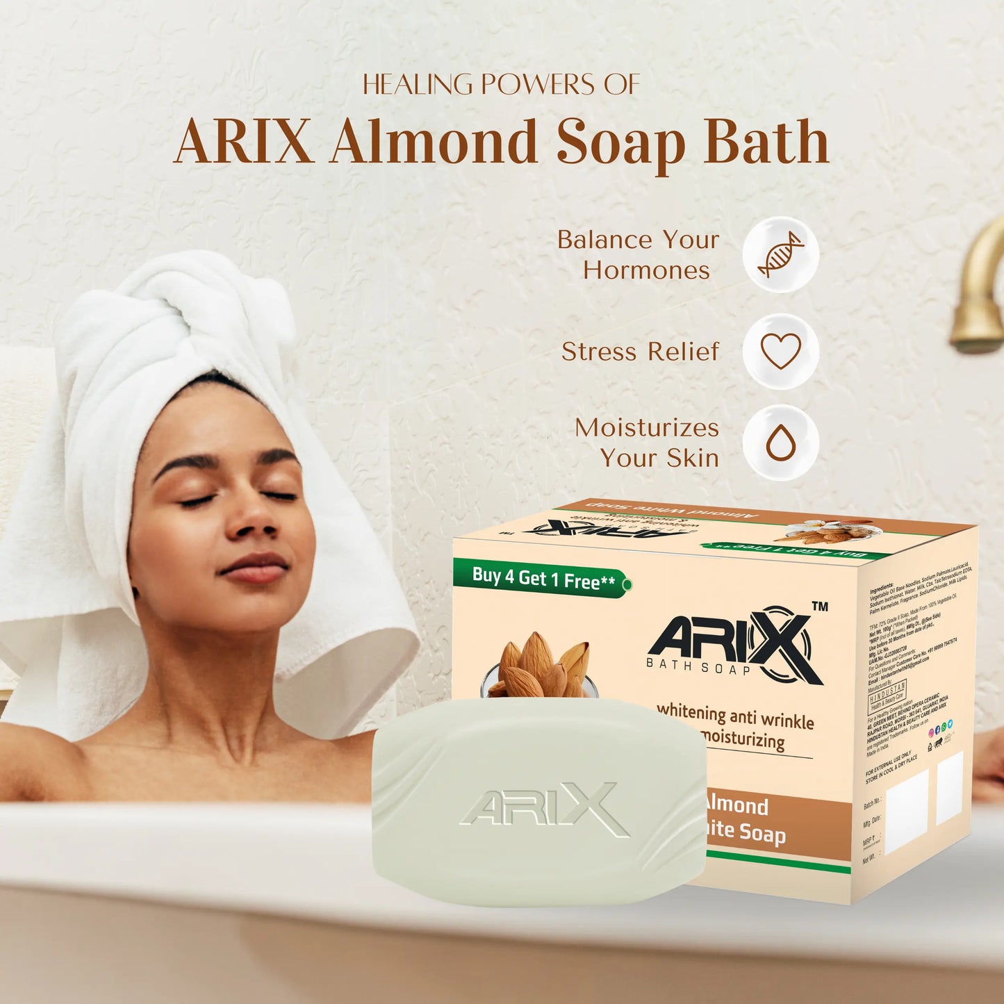 ARIX Almond Soap with Essential Oil I Natural Cleanser I Handmade Bathing Bar for Face & Body I Clear, Glowing & Radiant Skin, Moisturizing I for Women & Men with All Skin Type (Pack of 4 + 1)