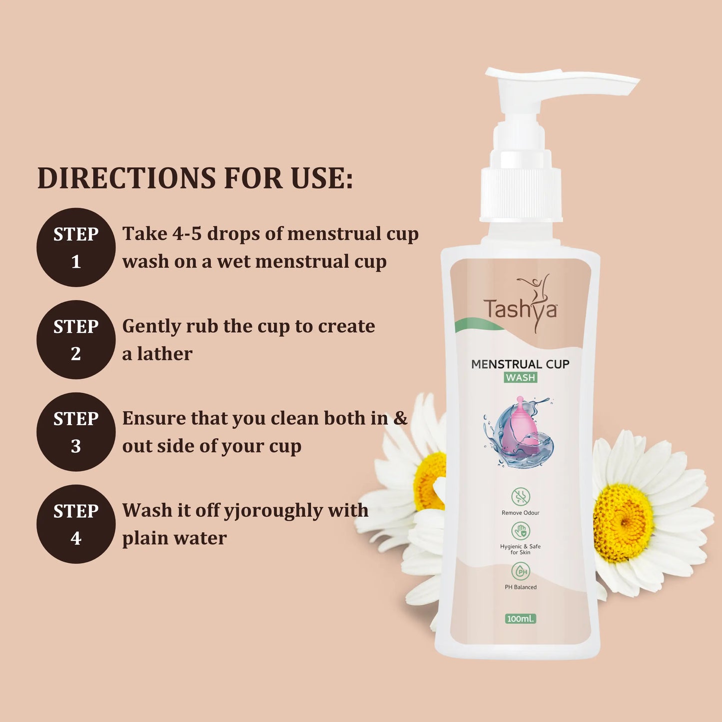 TASHYA Menstrual Cup Wash I Maintains Cup Hygiene I Paraben & Sulphate Free I Natural Foaming Cup Cleanser with Aloe vera, Daisy flower, Mix Fruit I Removes Odour & Stains I Safe for skin - 100 ML