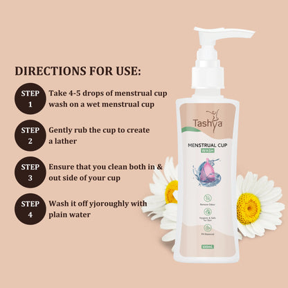TASHYA Menstrual Cup Wash I Maintains Cup Hygiene I Paraben & Sulphate Free I Natural Foaming Cup Cleanser with Aloe vera, Daisy flower, Mix Fruit I Removes Odour & Stains I Safe for skin - 100 ML