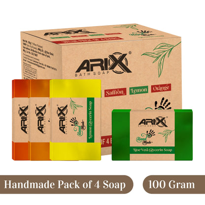 ARIX Natural Handmade Glycerin Bath Soap Combo - Aloe Vera, Saffron, Lemon & Orange Bathing Bar I Herbal Soaps with Essential Oils I Glowing Skin & Body I for Women & Men with All Skin Type – Set of 4