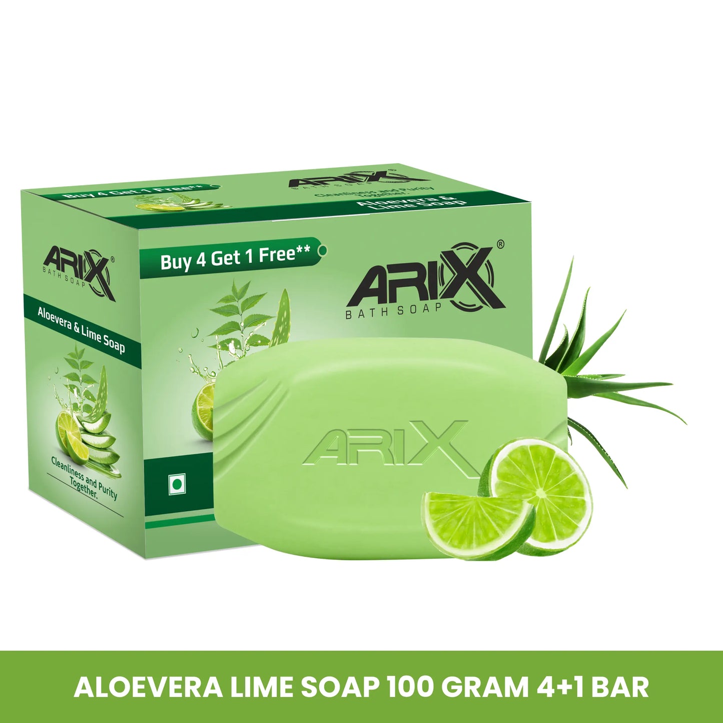 ARIX Aloevera & Lime Soap I Herbal Bathing Bar I Long-Lasting Fragrance I Cleanliness and Purity I Pollution Dirt Removal & Hydrating Skin Cells I for Women & Men with All Skin Types (Set of 4 + 1)