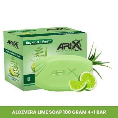 ARIX Aloevera & Lime Soap I Herbal Bathing Bar I Long-Lasting Fragrance I Cleanliness and Purity I Pollution Dirt Removal & Hydrating Skin Cells I for Women & Men with All Skin Types (Set of 4 + 1)