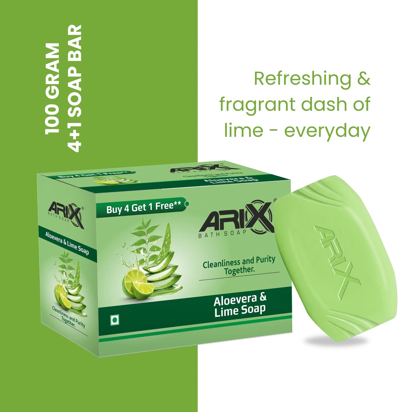 ARIX Aloevera & Lime Soap I Herbal Bathing Bar I Long-Lasting Fragrance I Cleanliness and Purity I Pollution Dirt Removal & Hydrating Skin Cells I for Women & Men with All Skin Types (Set of 4 + 1)