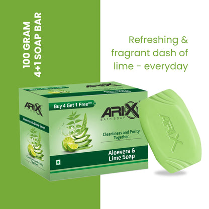 ARIX Aloevera & Lime Soap I Herbal Bathing Bar I Long-Lasting Fragrance I Cleanliness and Purity I Pollution Dirt Removal & Hydrating Skin Cells I for Women & Men with All Skin Types (Set of 4 + 1)